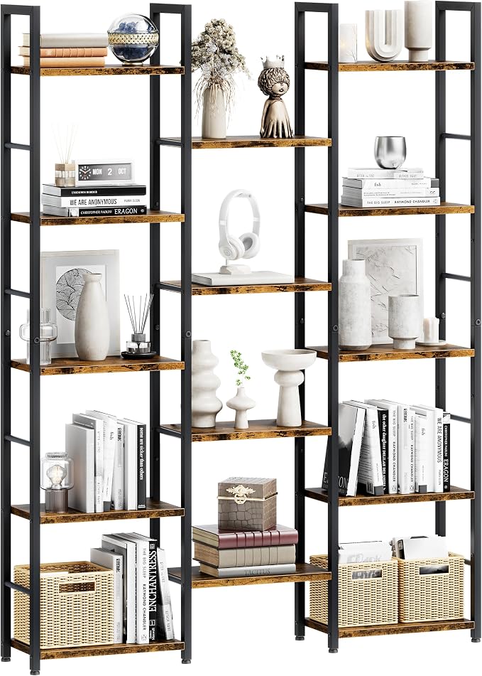 Shintenchi Triple Column 5 Tier Bookshelf, Industrial Large Bookcase Display Shelves, Large Etagere Bookshelf,Wide Book Shelf Book Case for Home & Office, Rustic Brown