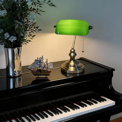 FIRVRE Green Bankers lamp, Antique Desk Lamps with Brass Base, Library Lamp with Pull Chain, Retro Desk Lamp for Home Office, Study Room, LED Bulb Included