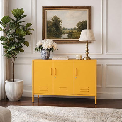 47.5" Wide Yellow Metal Storage Cabinet with Lock and Ventilated Doors, 2 Adjustable Shelves, Heavy Duty Home Metal Accent Locker for Kitchen Office Living Room Hallway