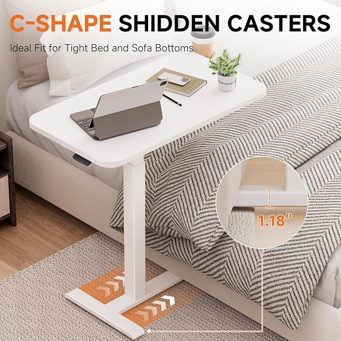 GTPLAYER Small Standing Desk with Hidden Wheels, Pneumatic Mobile Rolling Laptop Desk, Adjustable Height Overbed Bedside Table Computer Workstation for Home Office (28" W x 16" D, White)