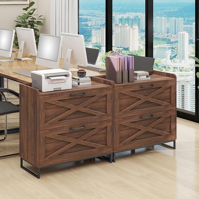 Halitaa File Cabinet 2 Drawers Lateral File Cabinet with Charging Station for Letter/Legal/A4 Size Hanging Files, Large Wood File Storage Cabinets Printer Stand for Home Office, Dark Walnut