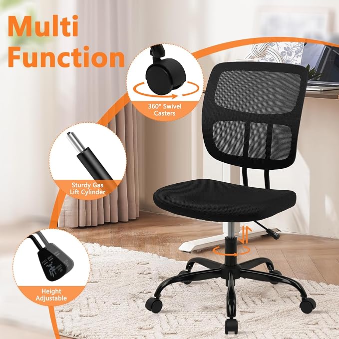CLATINA Armless Home Office Chair, Small Ergonomic Mesh Back Desk Chair with Lumbar Support and Wheels, Adjustable Height 360° Swivel Rolling Computer Chair for Conference Waiting, Black, 2Pack
