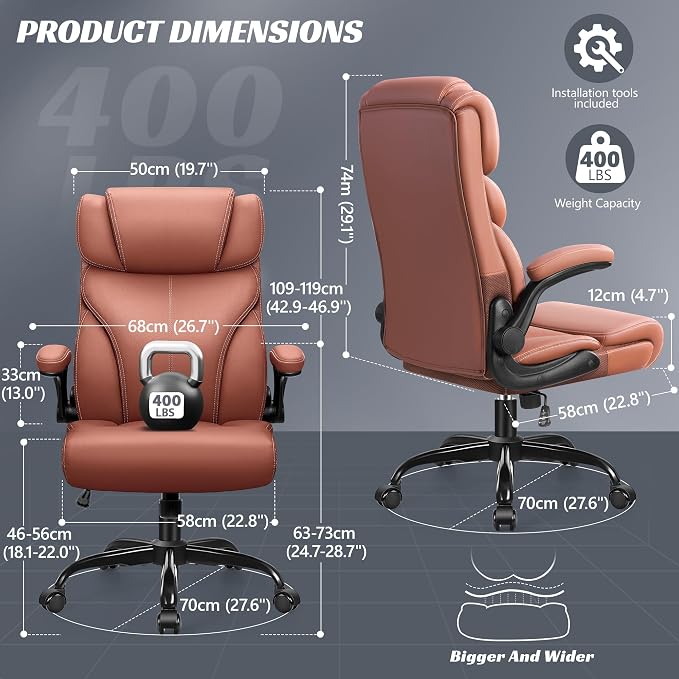 HeroSet Office Chair, Ergonomic Big and Tall Computer Desk Chairs, Executive Breathable Leather Chair with Adjustable Flip-up Armrests, Lumbar Support Swivel PC Chair with Rocking Function,Matte Brown