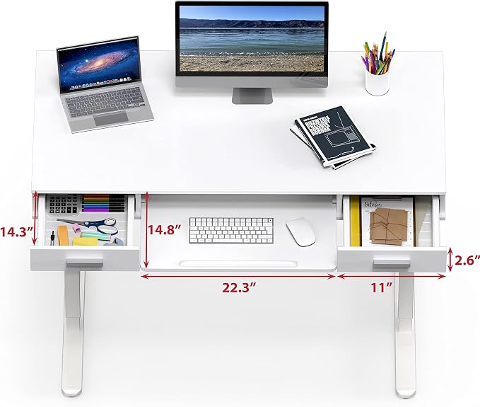 SHW 48-Inch Electric Height Adjustable Desk with Keyboard Tray and 2 Drawers, White