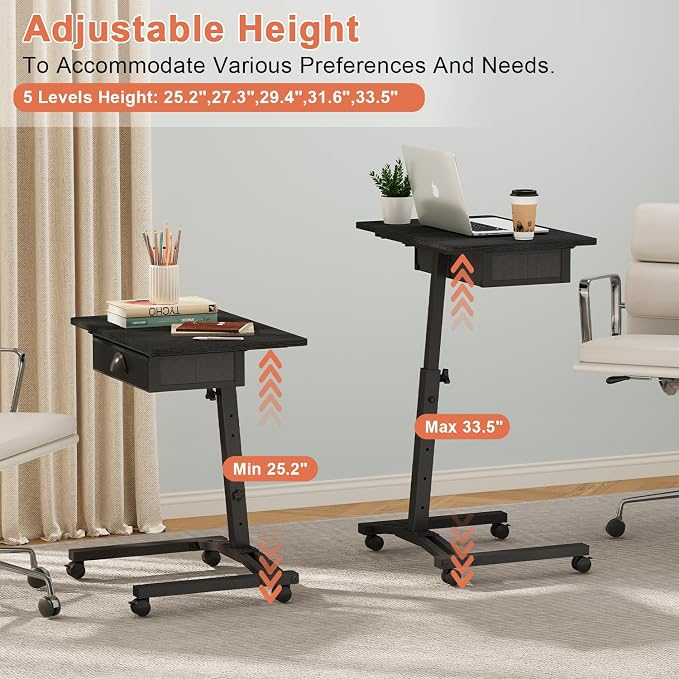 Rolling Adjustable Height Standing Desk With Drawers, Small Mobile Laptop Desk Cart On Wheels For Small Spaces Home Office, Portable Sitting Laptop Table For Bed Couch Load Up To 60LBS, Sturdy, Black