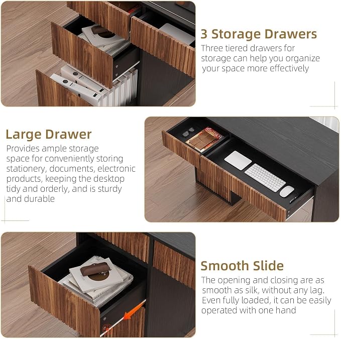 4 EVER WINNER Computer Desk with Drawers, 48 Inch Fluted Small Desk with Storage for Small Spaces, Wood Home Office Desk for Study, Living Room, Bedroom, Black