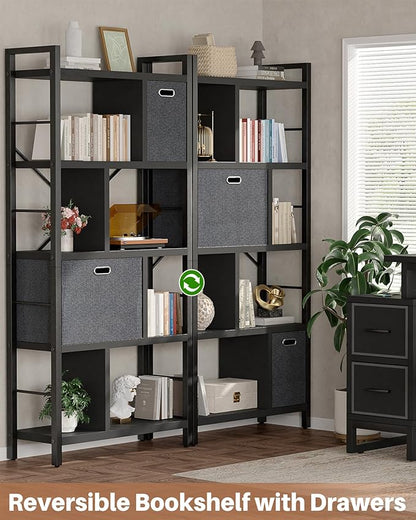 Armocity Bookshelf with Drawers - 5 Tier Tall Bookcase Geometric Modern Book Shelf Display Standing Bookshelves with Storage for Living Room, Bedroom Home Office, Black