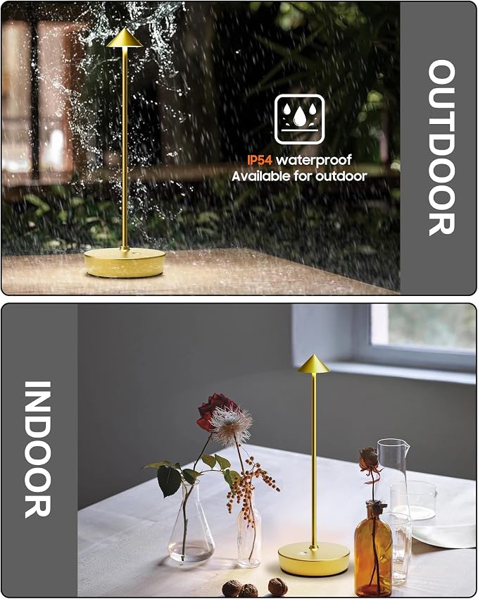 Cordless Table Lamps Rechargeable, 6000mAh Battery Operated LED Desk Lamp Outdoor Waterproof Portable Touch Dimmable Table Night Light for Patio Restaurant Dining Home Brass