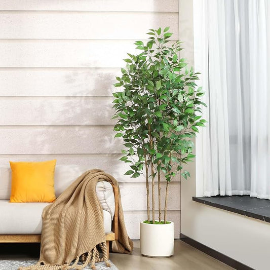SOGUYI Ficus Artificial Tree 6ft Fake Silk Plant for Home Decor Indoor, Faux Floor Tree in White Imitation Ceramic Planter with Green Fake Moss for Home Office Corner Indoor Decor, Set of 1