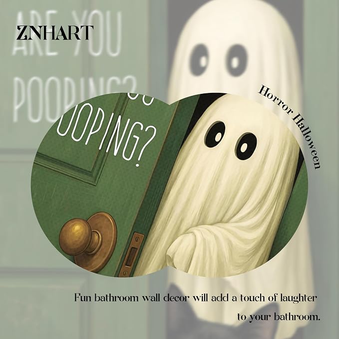 Funny Ghost Cat Halloween Bathroom Wall Art, Cute Ghost Bathroom Halloween Wall Decor Are You Pooping Picture, Vintage Framed Canvas Prints Funny Artwork for Restroom 8x10in Wood Frame