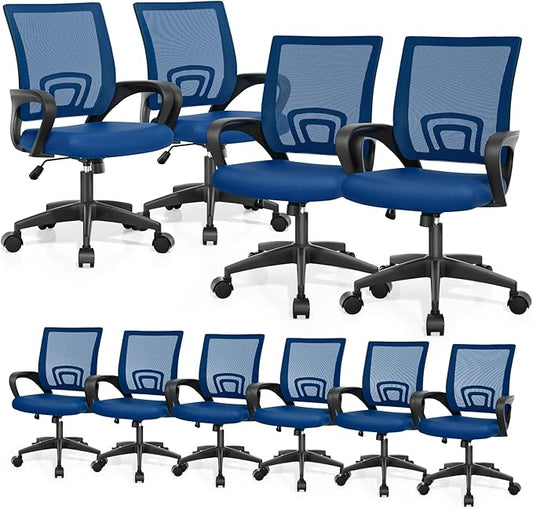 Magshion Ergonomic Office Chair 10 Pack, Mid-Back Mesh Desk Chair, Adjustable Swivel Computer Chair with Lumbar Support & Breathable Backrest for Gaming, Work, Study, 300 Lbs Capacity, Navy Blue