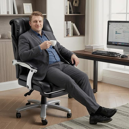 HOMREST Big and Tall Heavy Duty Office Chair 550LBS, Ergonomic Leather Executive Chair with 155° Recline, Large Back Pocket &Footrest, Computer Desk Chair for Heavy People, Black