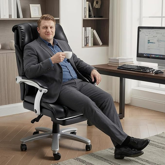 HOMREST Big and Tall Heavy Duty Office Chair 550LBS, Ergonomic Leather Executive Chair with 155° Recline, Large Back Pocket &Footrest, Computer Desk Chair for Heavy People, Black