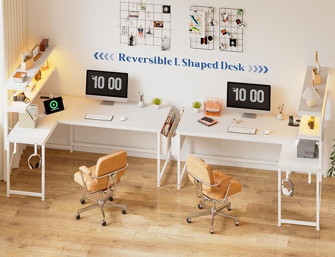 DurayLoly 53 Inch L Shaped Desk Computer Desk with LED Light & 5 Power Outlet, Reversible White Desk with Shelf & Storage Bag & Hook White Vanity Desk for Home Office, White