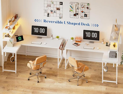 DurayLoly 53 Inch L Shaped Desk Computer Desk with LED Light & 5 Power Outlet, Reversible White Desk with Shelf & Storage Bag & Hook White Vanity Desk for Home Office, White