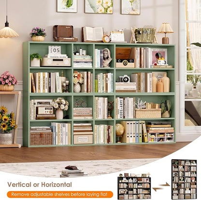 FOTOSOK 71'' Tall Bookshelf with 14 Cubes, 7 Tier Double Wide Bookshelf with 6 Adjustable Shelves, 19.6" Narrow Bookcase DVD/CD Media Storage Shelf, Space Saving Display Shelf Cabinet, Green