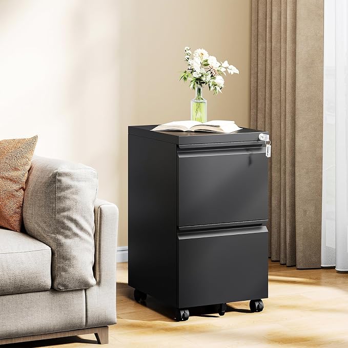MIIIKO 2 Drawer File Cabinet on Wheels, Home Office Mobile File Drawers Under Desk, Filing Cabinets with Drawers for Legal/Letter/A4 File Folders(Black),Un-Assembled