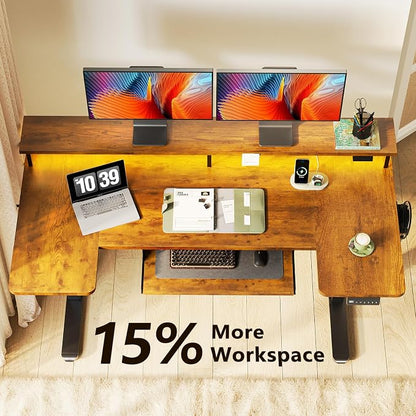 OffiGo U Shaped Electric Standing Desk with Keyboard Tray, 55 Inch Height Adjustable Desk with Power Outlets & LED Lights, Sit Stand Table with Monitor Stand for Home, Office, Rustic Brown