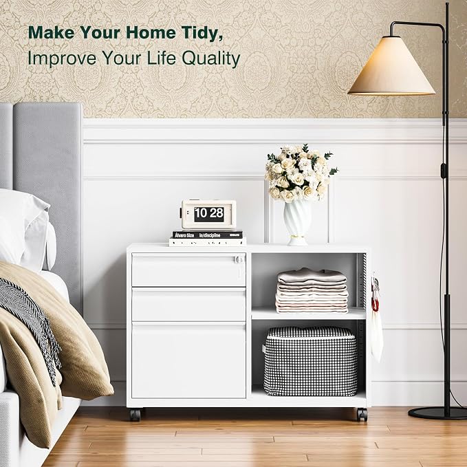 3 Drawer Metal File Cabinet with Lock, Mobile Lateral Filing Cabinet with Side Hook for Letters/Legal/A4, Printer Stand Storage Cabinets with Shelves for Home Office(White)