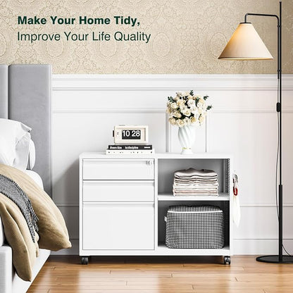 3 Drawer Metal File Cabinet with Lock, Mobile Lateral Filing Cabinet with Side Hook for Letters/Legal/A4, Printer Stand Storage Cabinets with Shelves for Home Office(White)