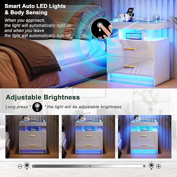 HNEBC Auto LED Nightstand Set of 2, White Night Stand with Charging Station & USB Ports, High Gloss Bedside Table has 2 Drawers,Modern End Side Table for Bedroom (White)