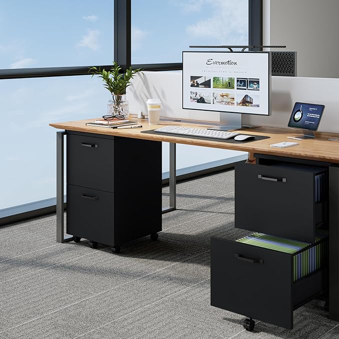 Sweetcrispy 2-Drawer Rolling File Cabinet, Wood Under Desk Storage with Lockable Wheels, Mobile Printer Stand & Home Office Organizer for Documents and Office Supplies, Black