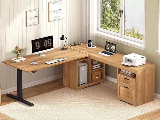YOMILUVE Fluted L Shaped Standing Desk, 66 inch Corner Electric Standing Desk with Drawers ＆ Storage Shelves, Height Adjustable Computer Desk with Power Outlets for Home Office (Oak)