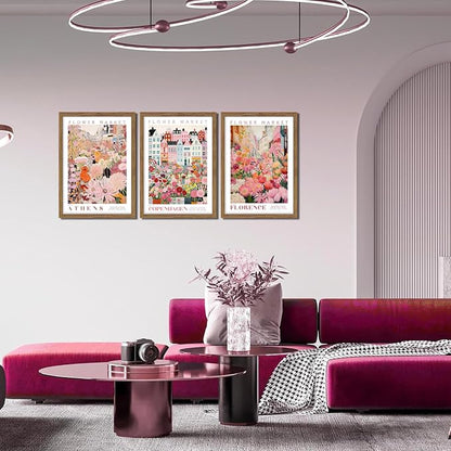Floral Wall Art Set of 3, Colorful Flower Market Canvas Wall Decor Paintings, Pink Wildflower Botanical Posters Prints Pictures Artwork for Bedroom Living Room 12x16 Inch Wood Framed