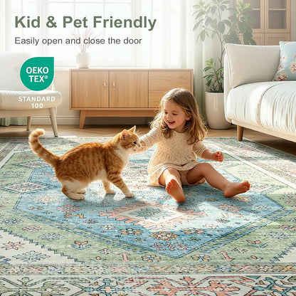 Lofus Vintage Living Room Rugs 5x7, Soft Machine Washable Area Rug for Bedroom Indoor Floor Home Office House Decor, Oriental Traditional Distressed Farmhouse Carpet, Boho Sage Green and Light Blue