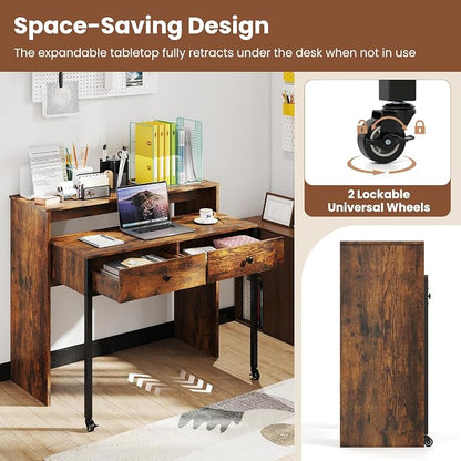 Giantex Small Computer Desk with Hutch & Drawers, Extendable Writing Desk w/Pull Out Secondary Table, Monitor Stand & Rolling Wheels, Console Table, Compact Desk for Small Spaces (Rustic Brown)