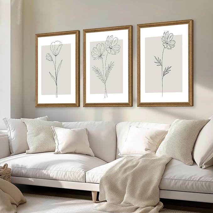 ICHZUMW Neutral Botanical Floral Wall Art, Black and White Farmhouse Flowers Wall Decor, Modern Minimalist Line Art Canvas Prints, Beige Artwork, Living Room Bedroom Home Office, Set of 3, 20x30in