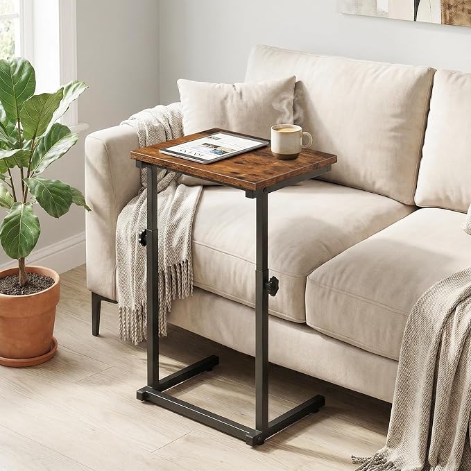 HOOBRO C Shaped End Table, Adjustable Height Sofa Side Table, Slide Under Couch Table, C Shaped Side Table for Small Spaces, for Living Room, Bedroom, Rustic Brown BF71SF01