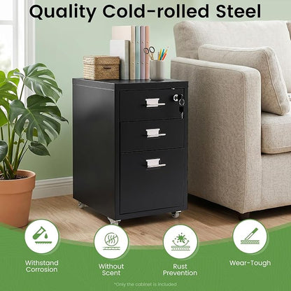 3-Drawer File Cabinet with Lock, Metal Mobile Filing Cabinet Vertical Storage Under Desk for Home Office Fits Legal Letter Document