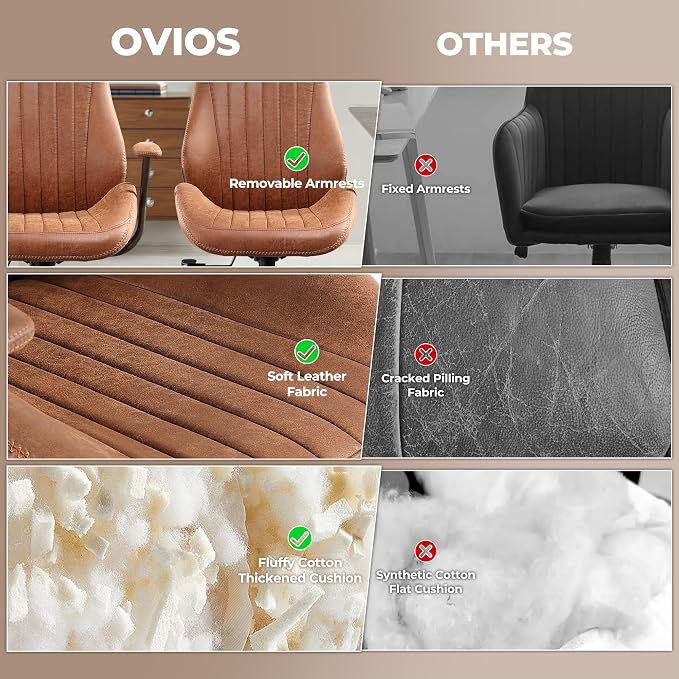 ovios Home Office Chair, Mid-Century Modern Faux Suede Leather Ergonomic Chairs, High Back Comfy Computer Swivel Rolling Task Executive Armchair, Brown