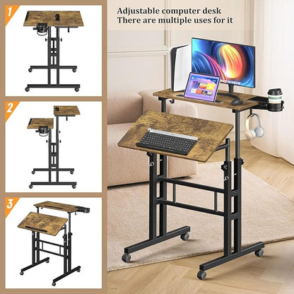 Enayplon Small Standing Desk with Wheels, Mobile Stand Up Desk, Portable Standing Table on Wheels for Walking Pad, Rolling Computer Desk Adjustable Height, Tall Table