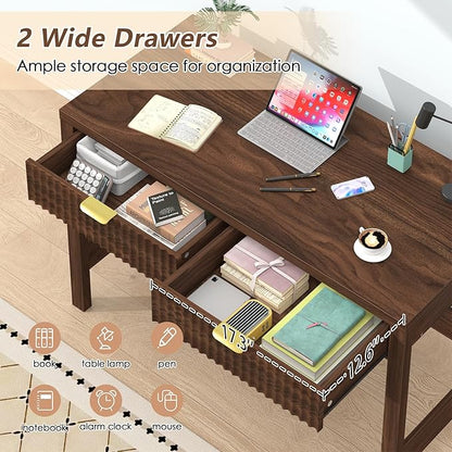 YOMILUVE Fluted Computer Desk with 2 Drawers, 39 Inch Small Computer Desk with Storage, Compact Writing Study Desk for Small Spaces, Walnut