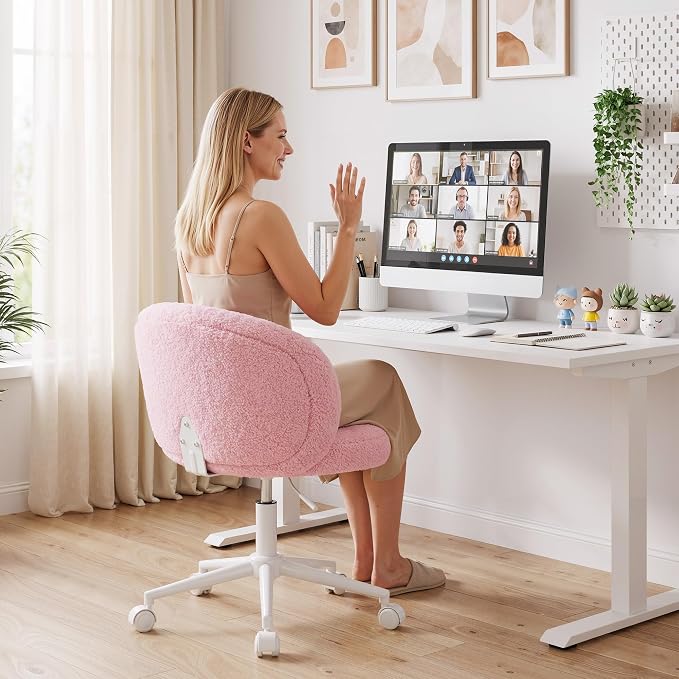Homkdom Plush Vanity Chair with Wheels, Soft Comfy Makeup Chair with Rounded Back, Height Adjustable, 360° Swivel for Bedroom & Beauty Spaces
