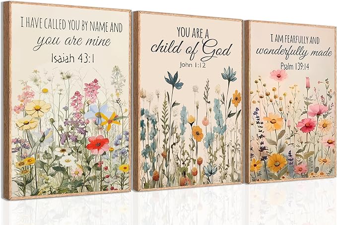 MLKZNOI 3Pcs Christian Floral Scripture Posters Wall Art, Wildflower Bible Verse Canvas Wall Decor, Psalm Religious Faith Art Pictures Prints for Living Room Bedroom Decorations 16x24in Unframed