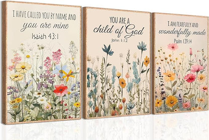 MLKZNOI 3Pcs Christian Floral Scripture Posters Wall Art, Wildflower Bible Verse Canvas Wall Decor, Psalm Religious Faith Art Pictures Prints for Living Room Bedroom Decorations 16x24in Unframed