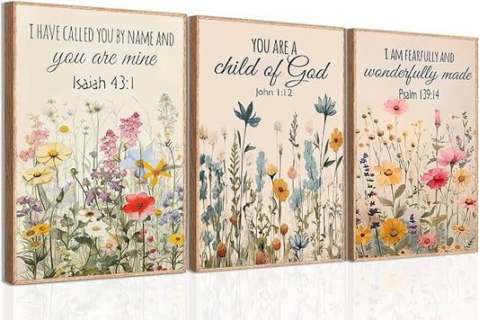 MLKZNOI 3Pcs Christian Floral Scripture Posters Wall Art, Wildflower Bible Verse Canvas Wall Decor, Psalm Religious Faith Art Pictures Prints for Living Room Bedroom Decorations 16x24in Unframed