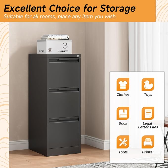 Bestoo 3 Drawer File Cabinet with Lock, Filing Cabinets, Metal Vertical Filing Cabinets for Home Office, File Storage Cabinet for Letter/Legal/A4/F4 Size File, Easy Assembly