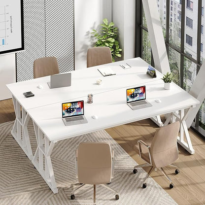 TVU Computer Desk, 63 inch Large Office Desk, Study Writing Table with Thicken Frame, Gaming Desk, Modern Simple Desk for Home Office, White