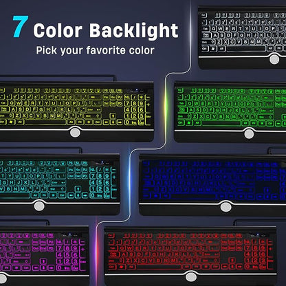 Wired Keyboard and Mouse Combo - Large Print Light Up Keyboard, USB Silent Wired Backlit Keyboard and Optical Mouse for Windows, PC, Laptop - Easy to See, USB Play and Plug