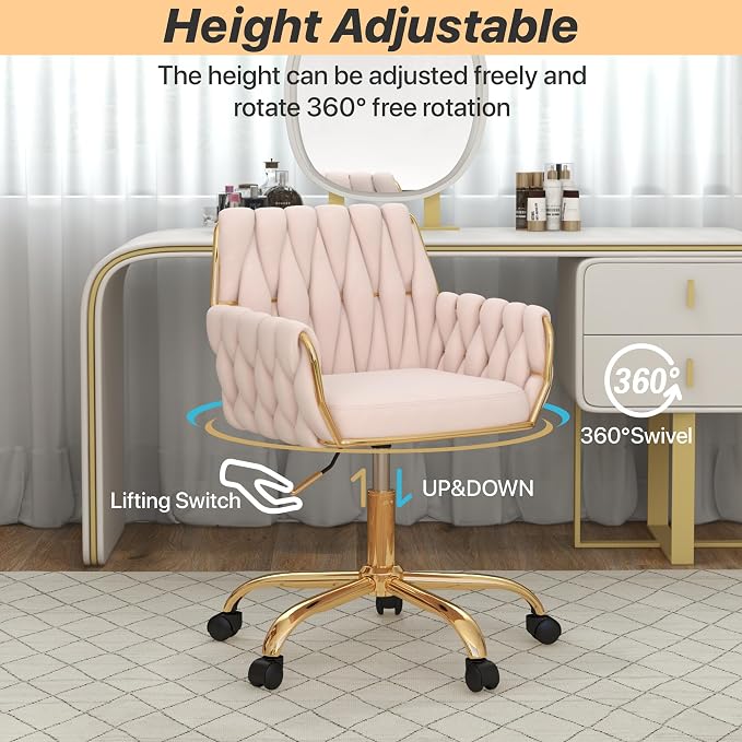 Velvet Home Office Chair, Modern Height Adjustable Cute Vanity Chair, 360° Swivel Makeup Chair with Golden Base and Hand Woven Backrest for for Bedroom/Study/Vanity(Light Pink)