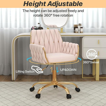 Velvet Home Office Chair, Modern Height Adjustable Cute Vanity Chair, 360° Swivel Makeup Chair with Golden Base and Hand Woven Backrest for for Bedroom/Study/Vanity(Light Pink)