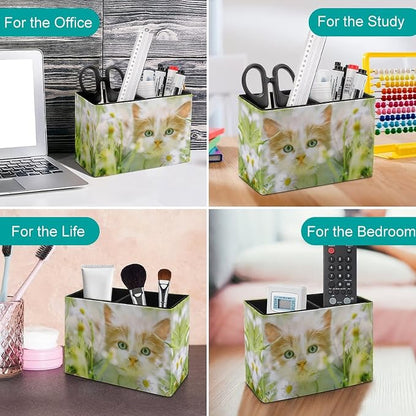 Niapessel Pencil Holder for Desk, Cute Little Cat Pen Holder Storage Desktop Pen Organizer Desk Pencil Organizer Makeup Brush Holder for Office School College Leather