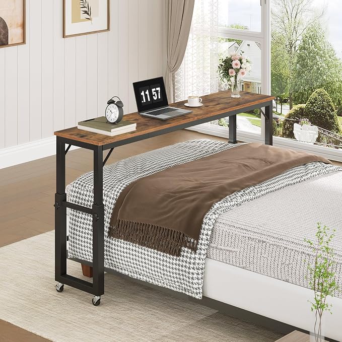MAHANCRIS Overbed Table with Wheels, Mobile Bed Desk for Queen Size, 36"-43.5" Adjustable Height Rolling Table, Recliner Desk, Mobile Cross Bed for Bedroom, Living Room, Office, Rustic Brown MTHR18001