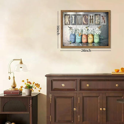 Framed Vintage Kitchen Canvas Wall Art, Retro Letter Signs with Colorful Jars, Florals and Birds Prints, Rustic Farmhouse Wood Grain Poster, Cottagecore Wall Decor for Kitchen Dining Room, 16x24in