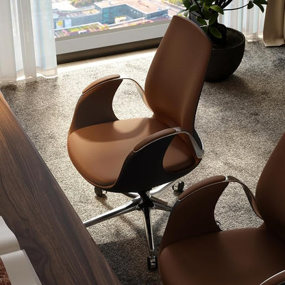 TOMU Genuine Leather Executive Office Chair, Executive Guest Chair, Mid Back Comference Office Chair for Office Comference Room Table,Swivel with Wheels, (Brown)