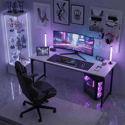 Sweetcrispy Small Computer Office Desk 63 Inch Student Study Writing Work with Metal Frame Wood Tabletop Modern Simple Home Bedroom PC Table with Storage for Study and Work White